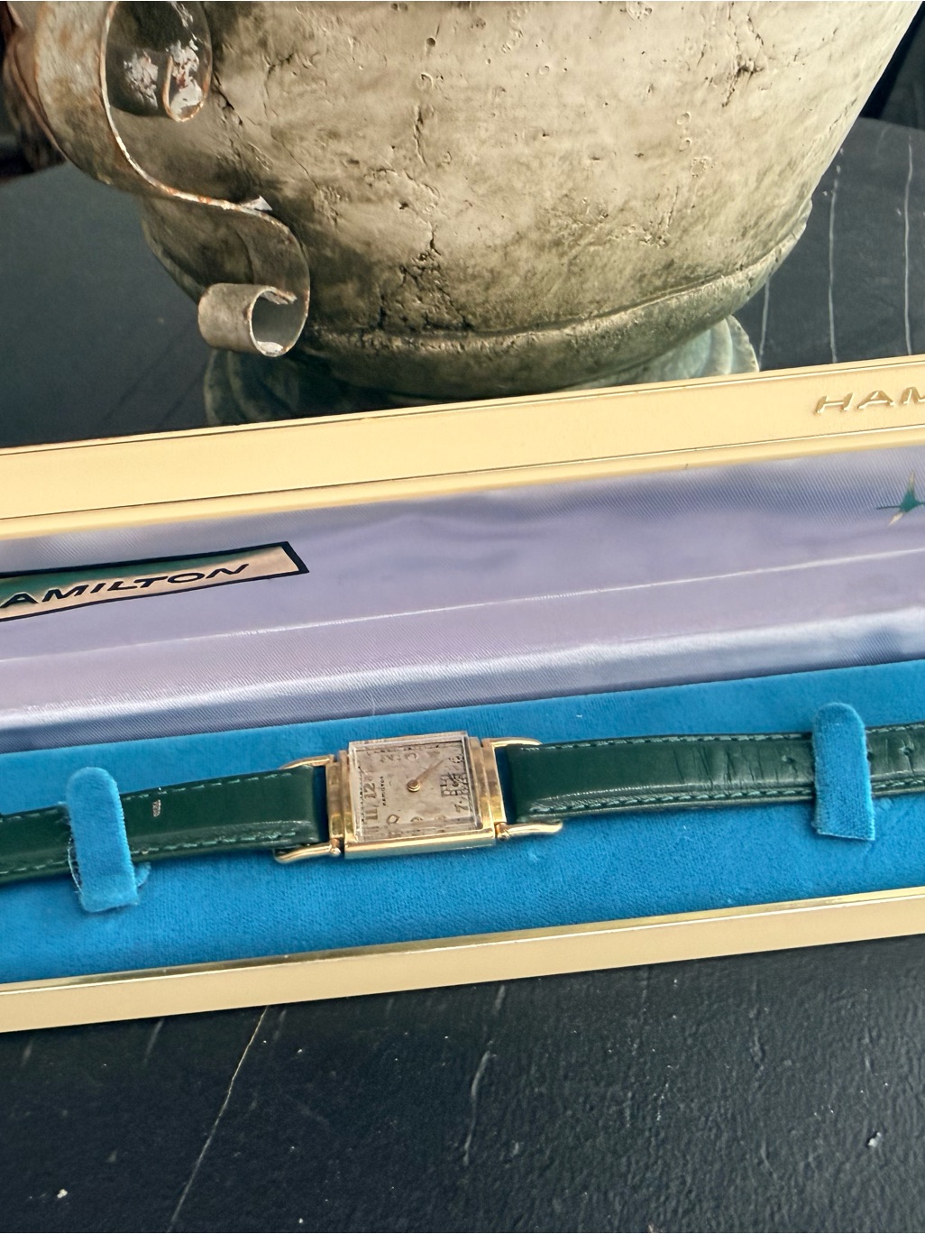 Hamilton 1939 Wilshire 14k Gold Filled Rectangular Watch With Green Strap